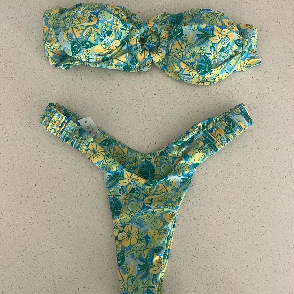 Strapless Green & Yellow Floral Bikini